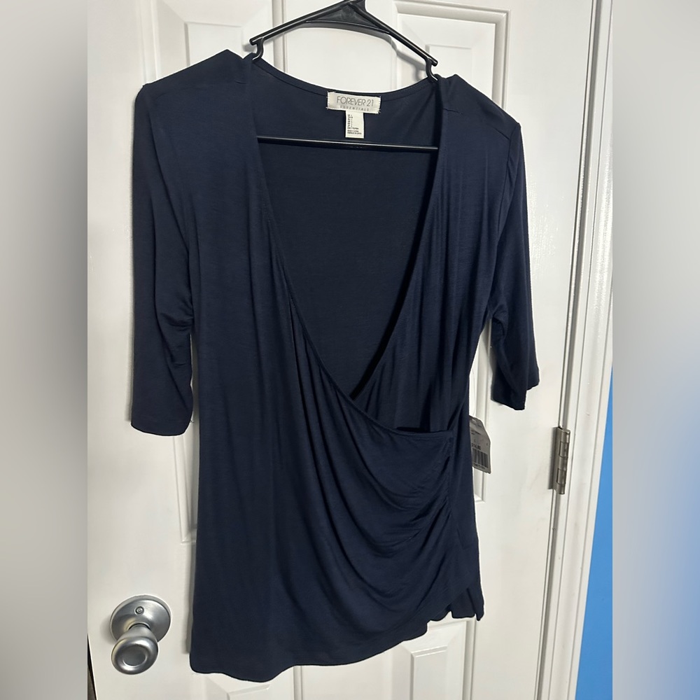 Blue faux wrap blouse
